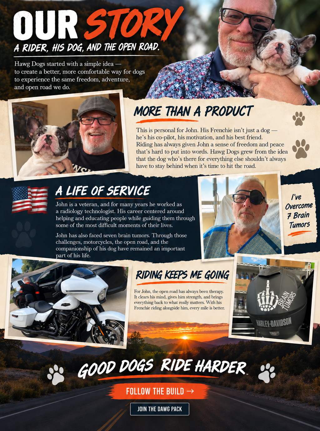 Hawg Dogs Our Story page featuring John, his Frenchie, motorcycle, and the story behind Hawg Dogs
